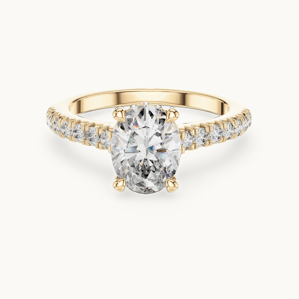 Oval and round lab-grown diamond pavé solitaire engagement ring in yellow gold, 1.972 CT TW, view 4