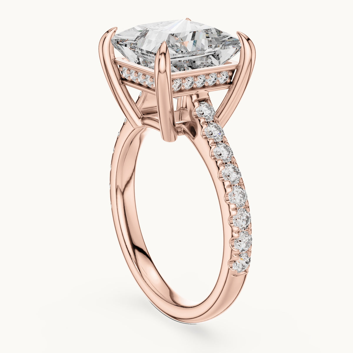 Princess-cut and round lab-grown diamond hidden halo pavé engagement ring in rose gold, 4.60 CT TW, view 1