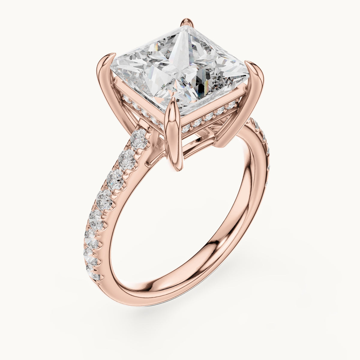 Princess-cut and round lab-grown diamond hidden halo pavé engagement ring in rose gold, 4.60 CT TW, view 2