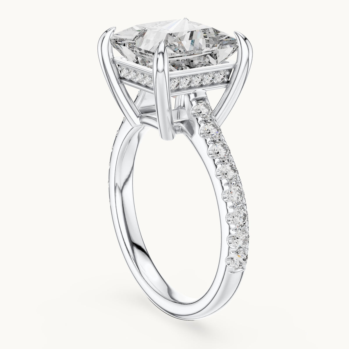 Princess-cut and round lab-grown diamond hidden halo pavé engagement ring in white gold, 4.60 CT TW, view 1