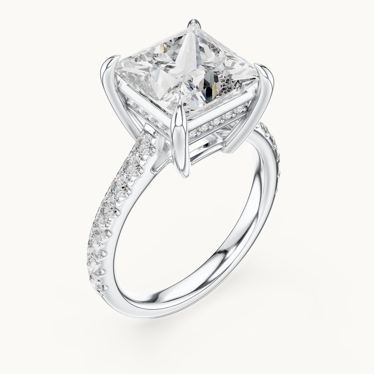 Princess-cut and round lab-grown diamond hidden halo pavé engagement ring in white gold, 4.60 CT TW, view 2