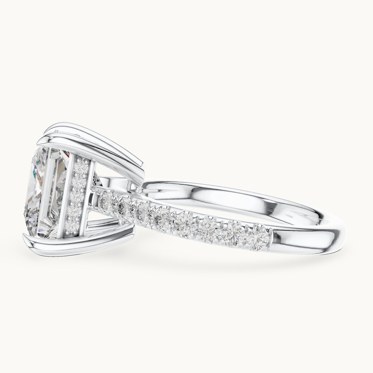 Princess-cut and round lab-grown diamond hidden halo pavé engagement ring in white gold, 4.60 CT TW, view 3