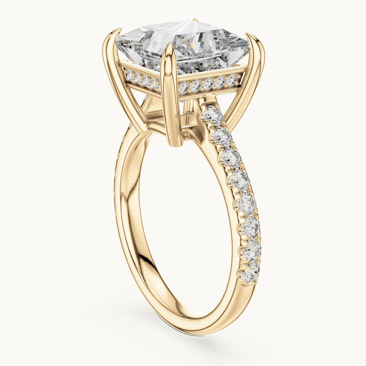 Princess-cut and round lab-grown diamond hidden halo pavé engagement ring in yellow gold, 4.60 CT TW, view 1