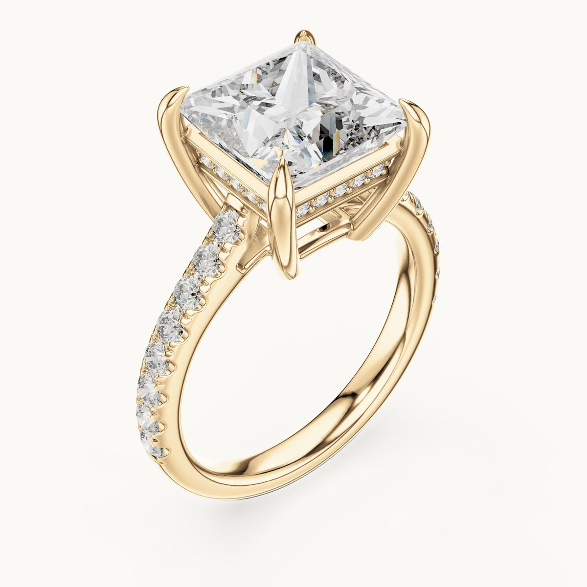 Princess-cut and round lab-grown diamond hidden halo pavé engagement ring in yellow gold, 4.60 CT TW, view 2