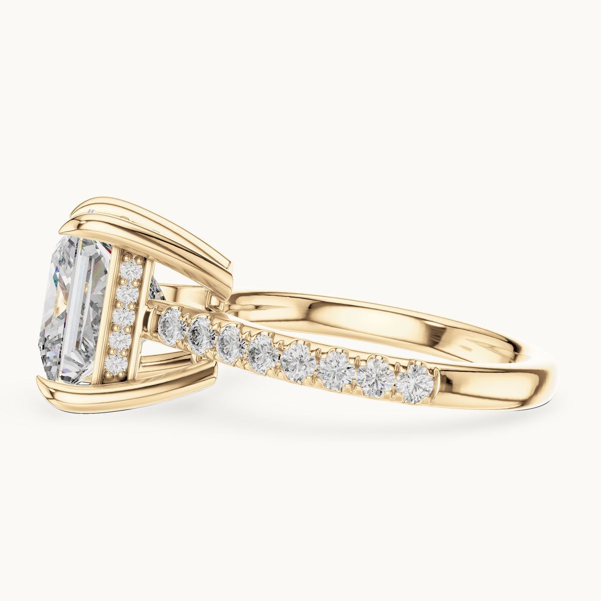 Princess-cut and round lab-grown diamond hidden halo pavé engagement ring in yellow gold, 4.60 CT TW, view 3
