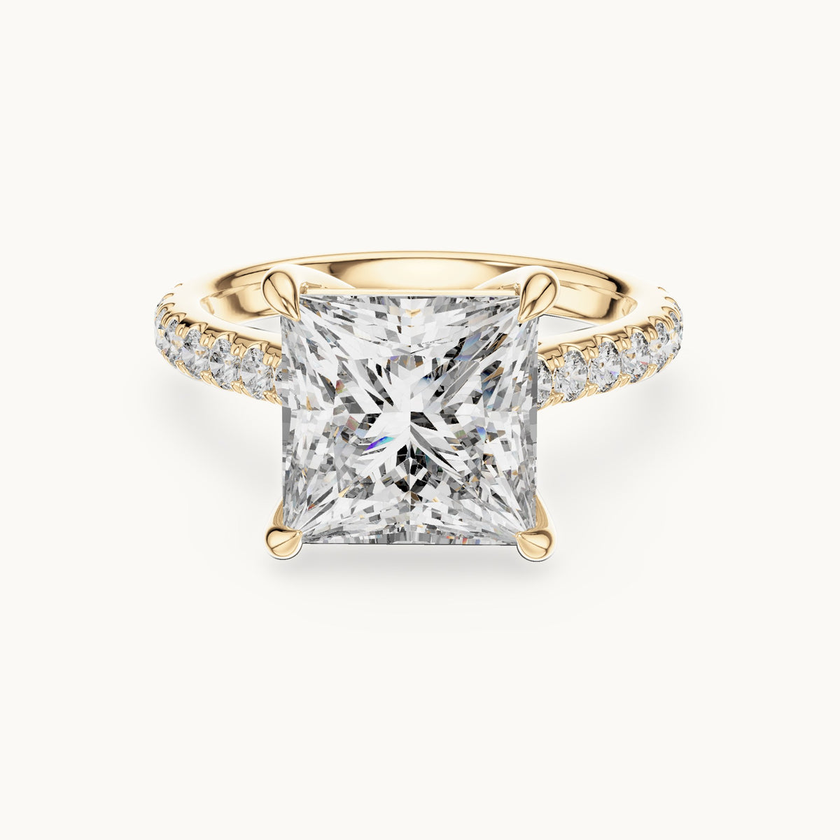 Princess-cut and round lab-grown diamond hidden halo pavé engagement ring in yellow gold, 4.60 CT TW, view 4