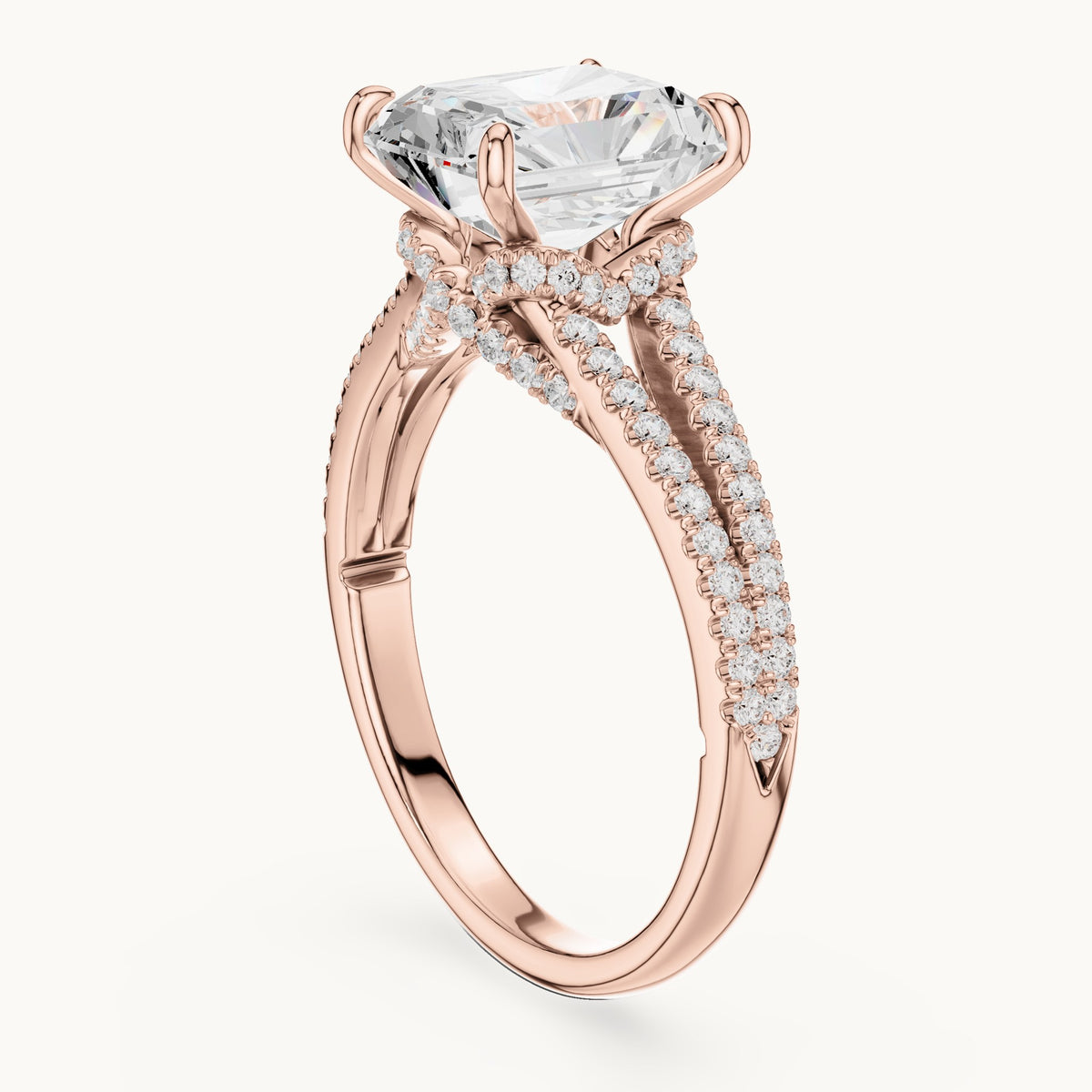 Radiant-cut and round lab-grown diamond split shank pavé engagement ring in rose gold, 2.91 CT TW, view 1