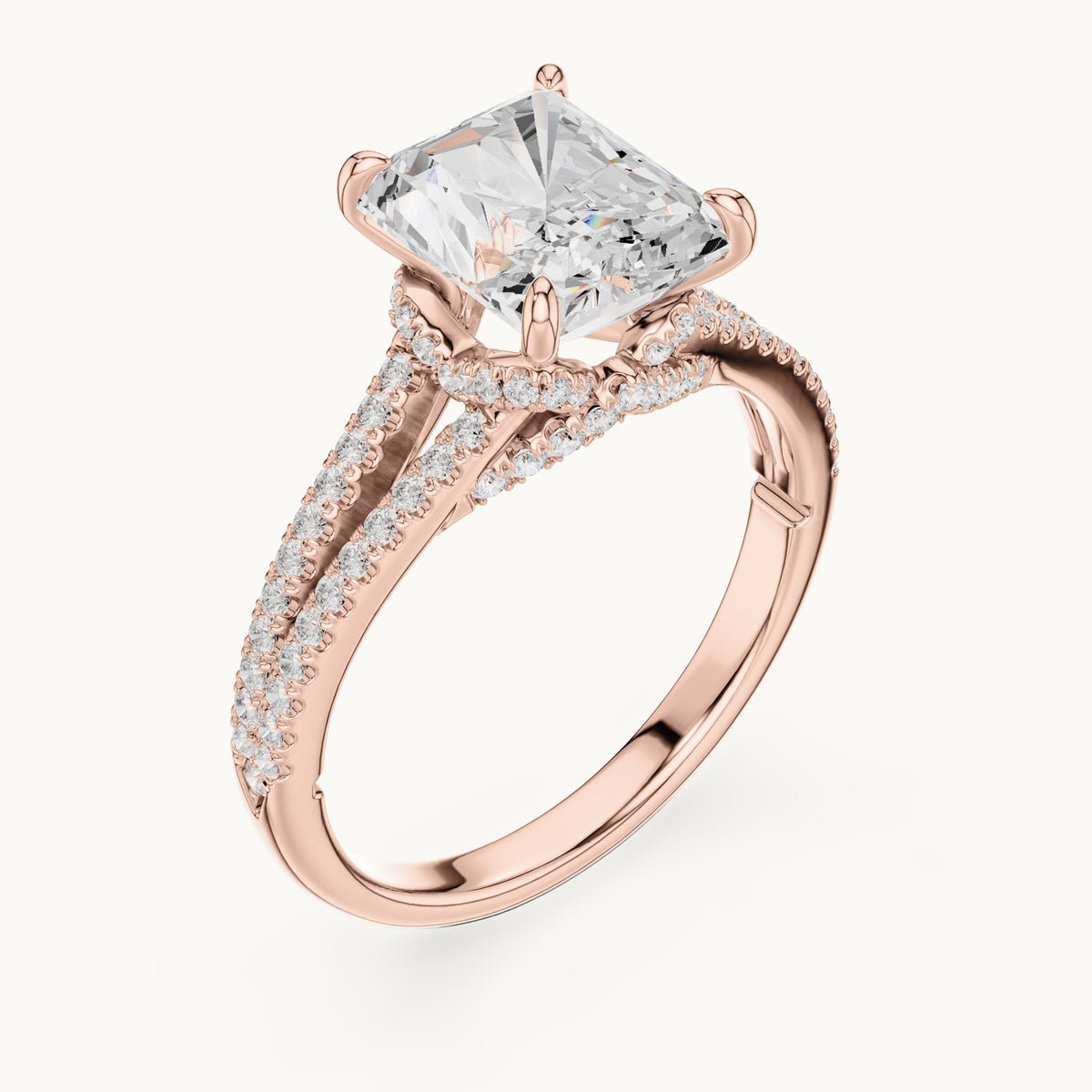 Radiant-cut and round lab-grown diamond split shank pavé engagement ring in rose gold, 2.91 CT TW, view 2