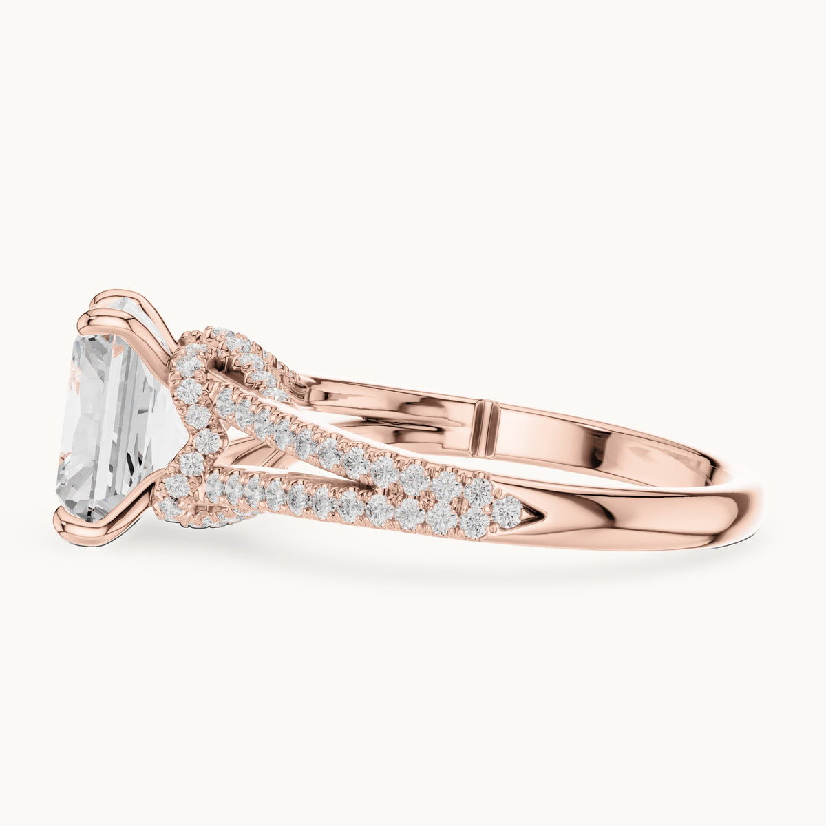Radiant-cut and round lab-grown diamond split shank pavé engagement ring in rose gold, 2.91 CT TW, view 3