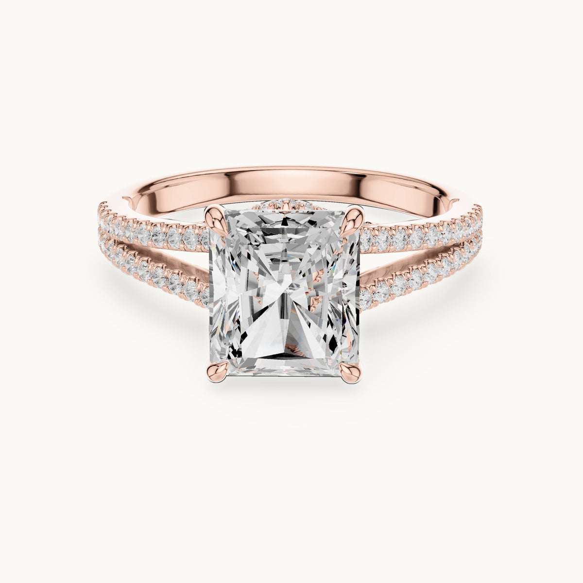 Radiant-cut and round lab-grown diamond split shank pavé engagement ring in rose gold, 2.91 CT TW, view 4