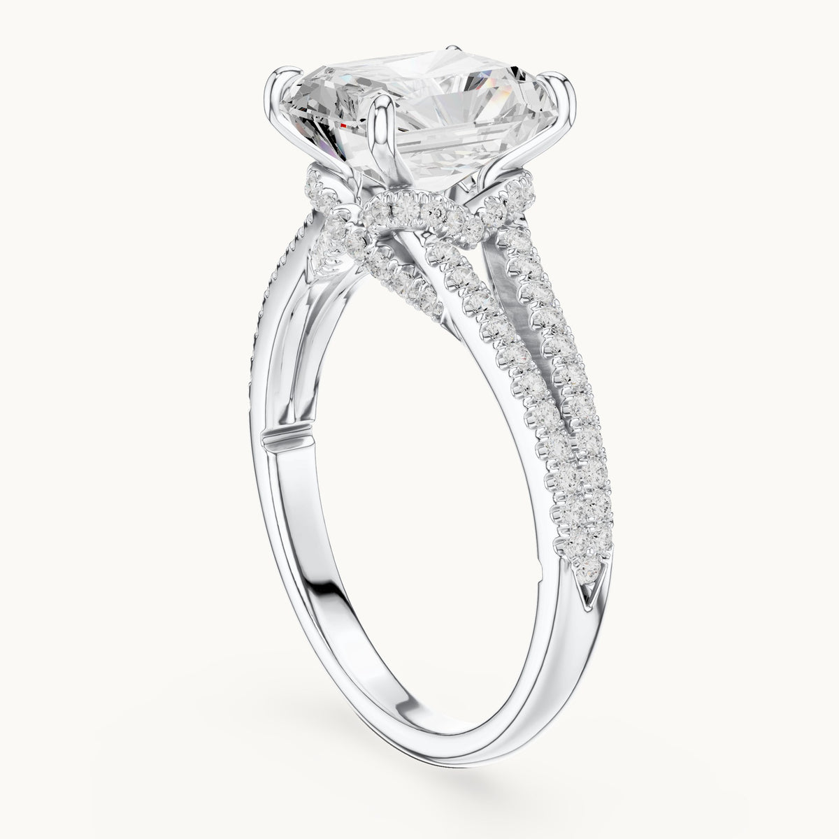 Radiant-cut and round lab-grown diamond split shank pavé engagement ring in white gold, 2.91 CT TW, view 1