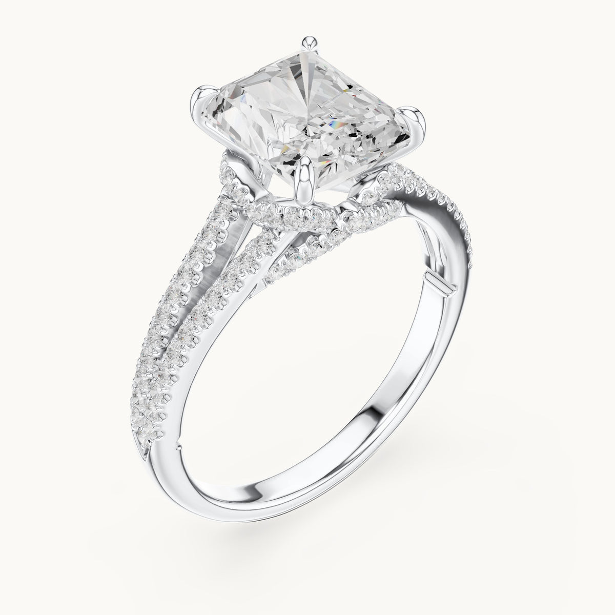 Radiant-cut and round lab-grown diamond split shank pavé engagement ring in white gold, 2.91 CT TW, view 2