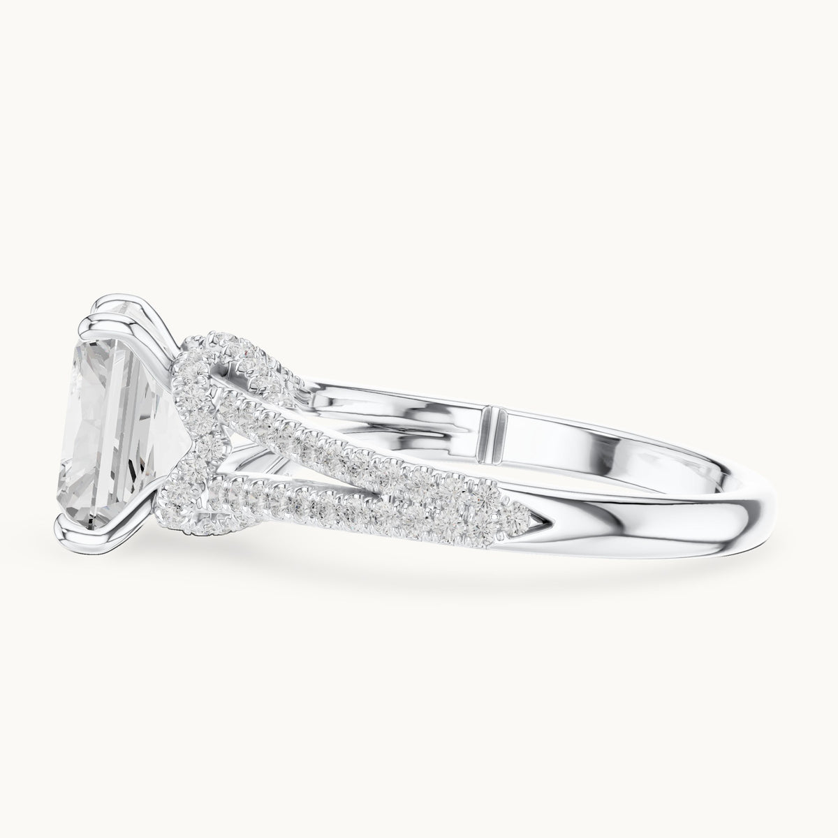 Radiant-cut and round lab-grown diamond split shank pavé engagement ring in white gold, 2.91 CT TW, view 3