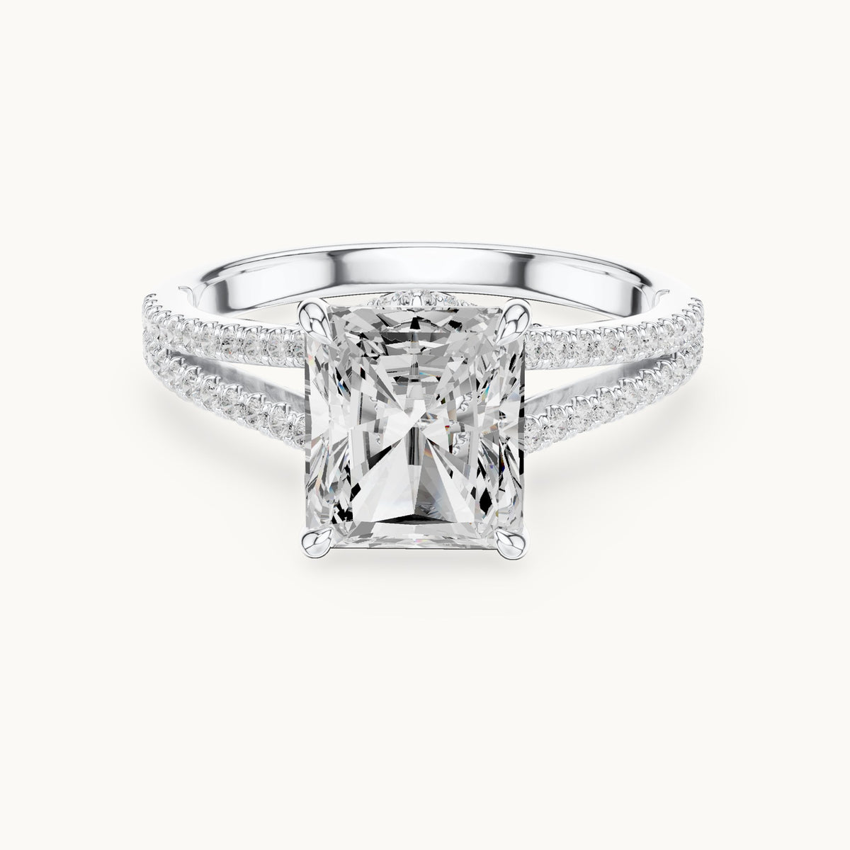 Radiant-cut and round lab-grown diamond split shank pavé engagement ring in white gold, 2.91 CT TW, view 4
