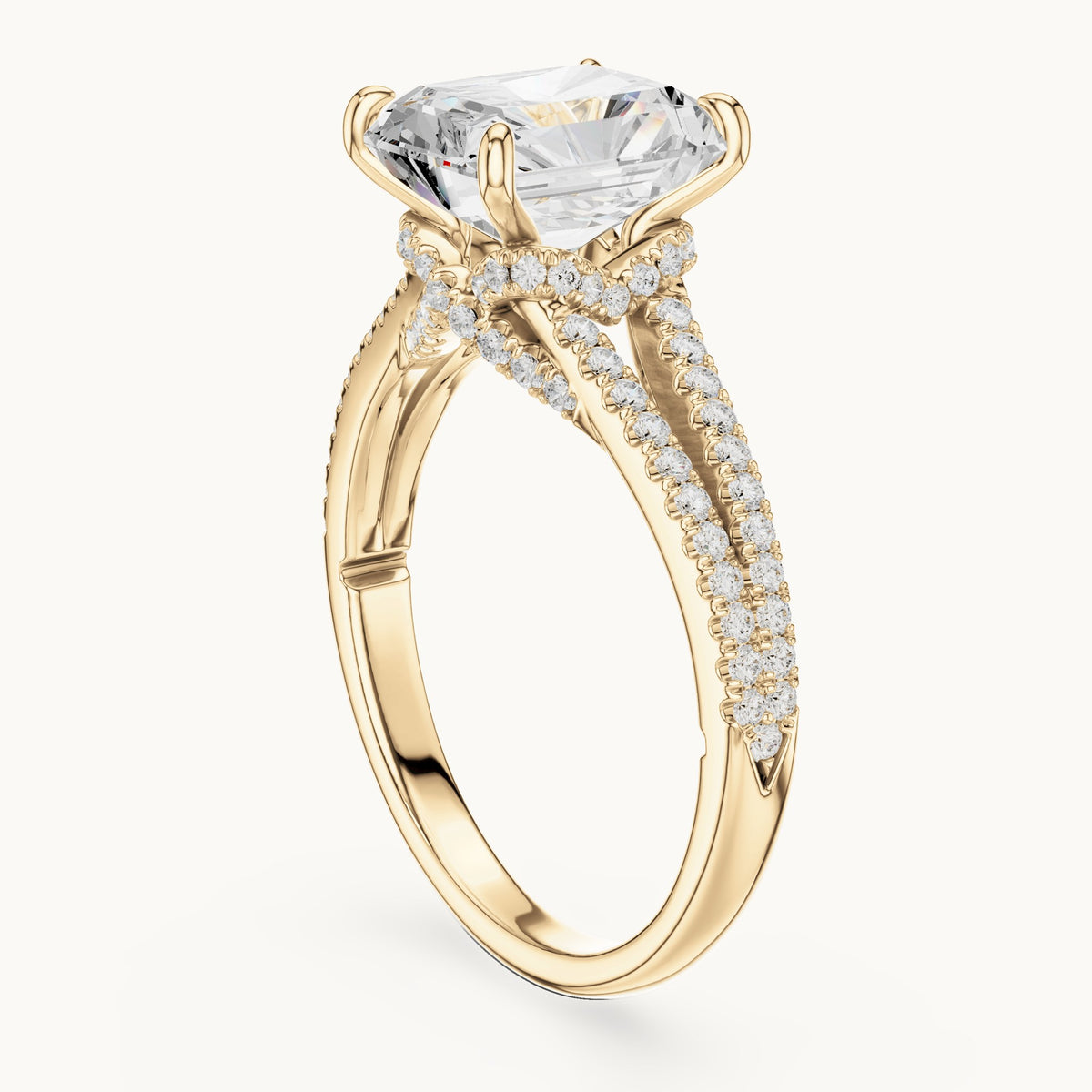 Radiant-cut and round lab-grown diamond split shank pavé engagement ring in yellow gold, 2.91 CT TW, view 1
