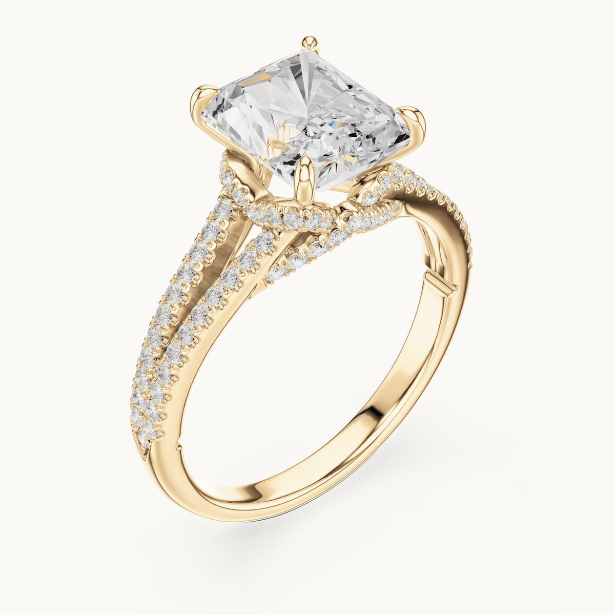 Radiant-cut and round lab-grown diamond split shank pavé engagement ring in yellow gold, 2.91 CT TW, view 2