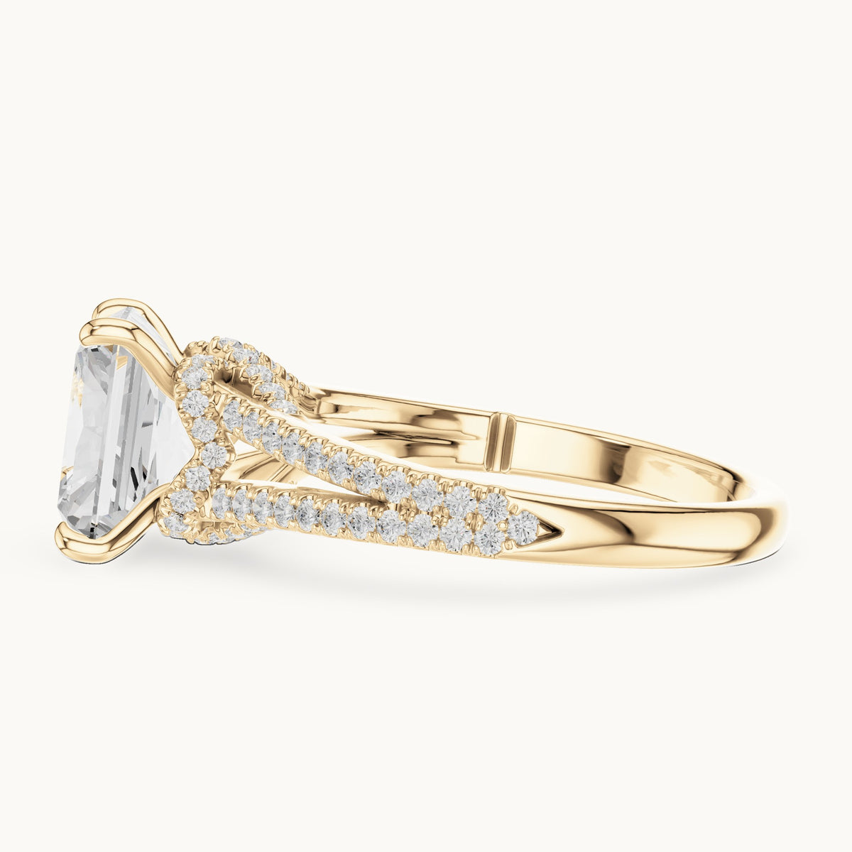 Radiant-cut and round lab-grown diamond split shank pavé engagement ring in yellow gold, 2.91 CT TW, view 3