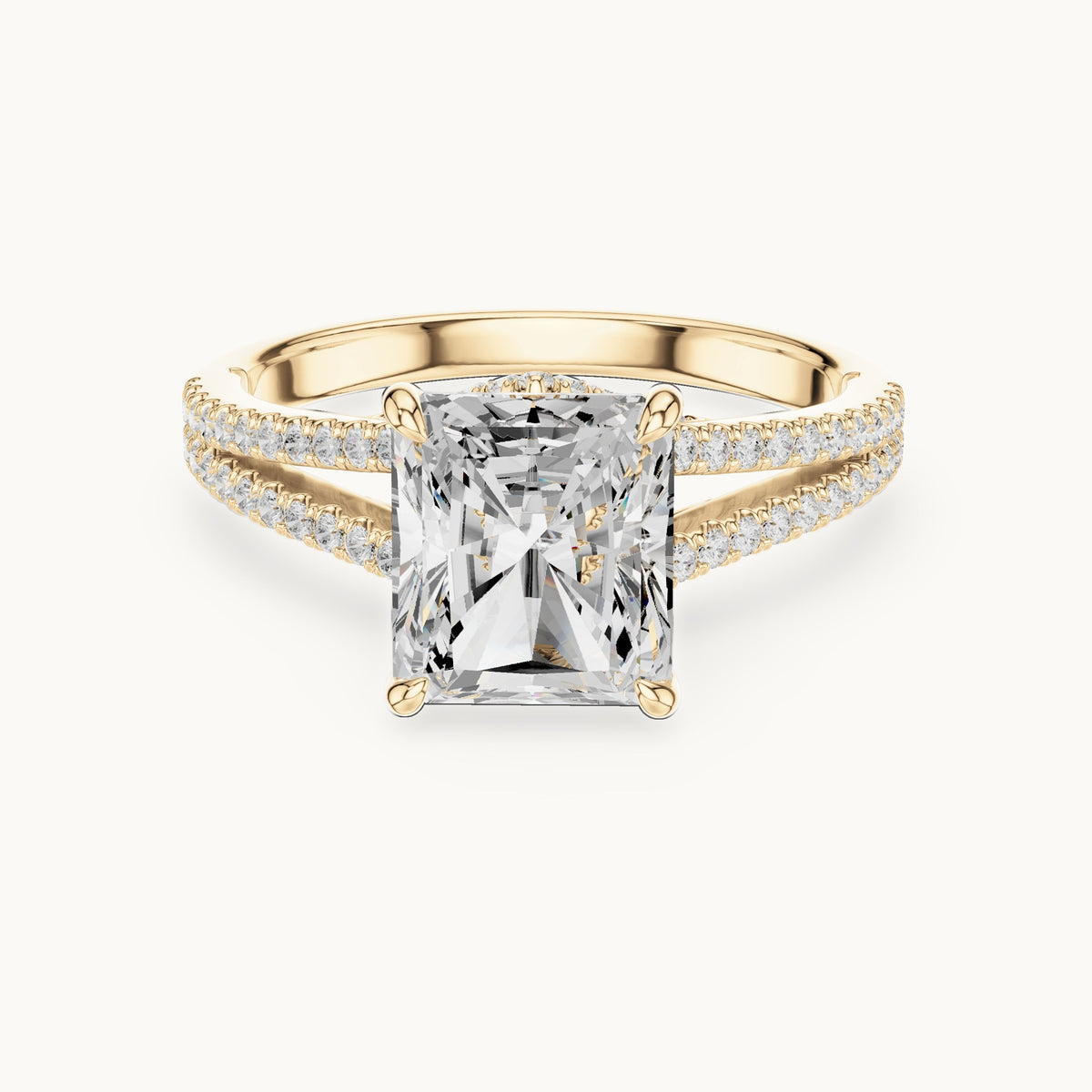 Radiant-cut and round lab-grown diamond split shank pavé engagement ring in yellow gold, 2.91 CT TW, view 4