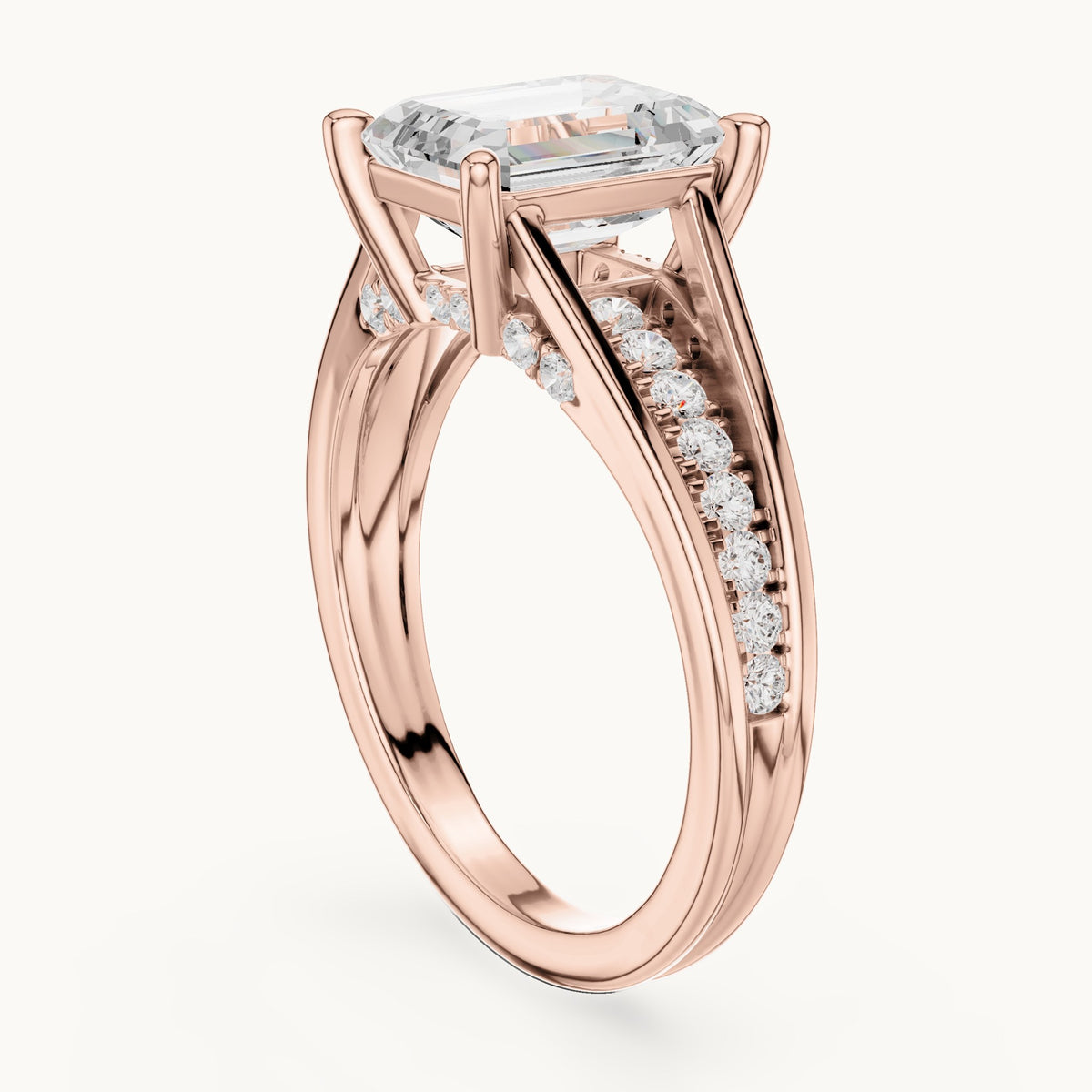 Emerald-cut and round lab-grown diamond split shank channel-set engagement ring in rose gold, 2.334 CT TW, view 1