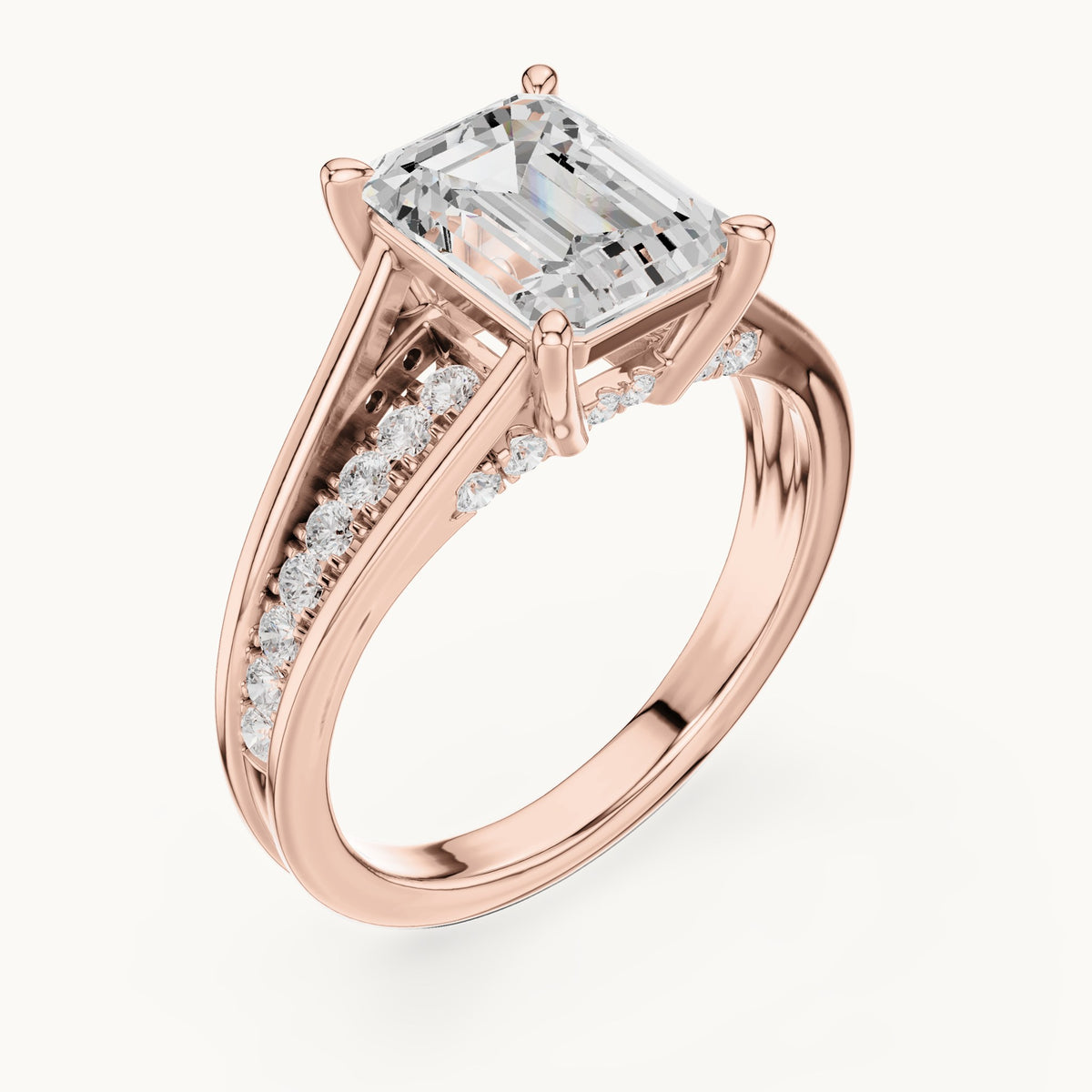Emerald-cut and round lab-grown diamond split shank channel-set engagement ring in rose gold, 2.334 CT TW, view 2