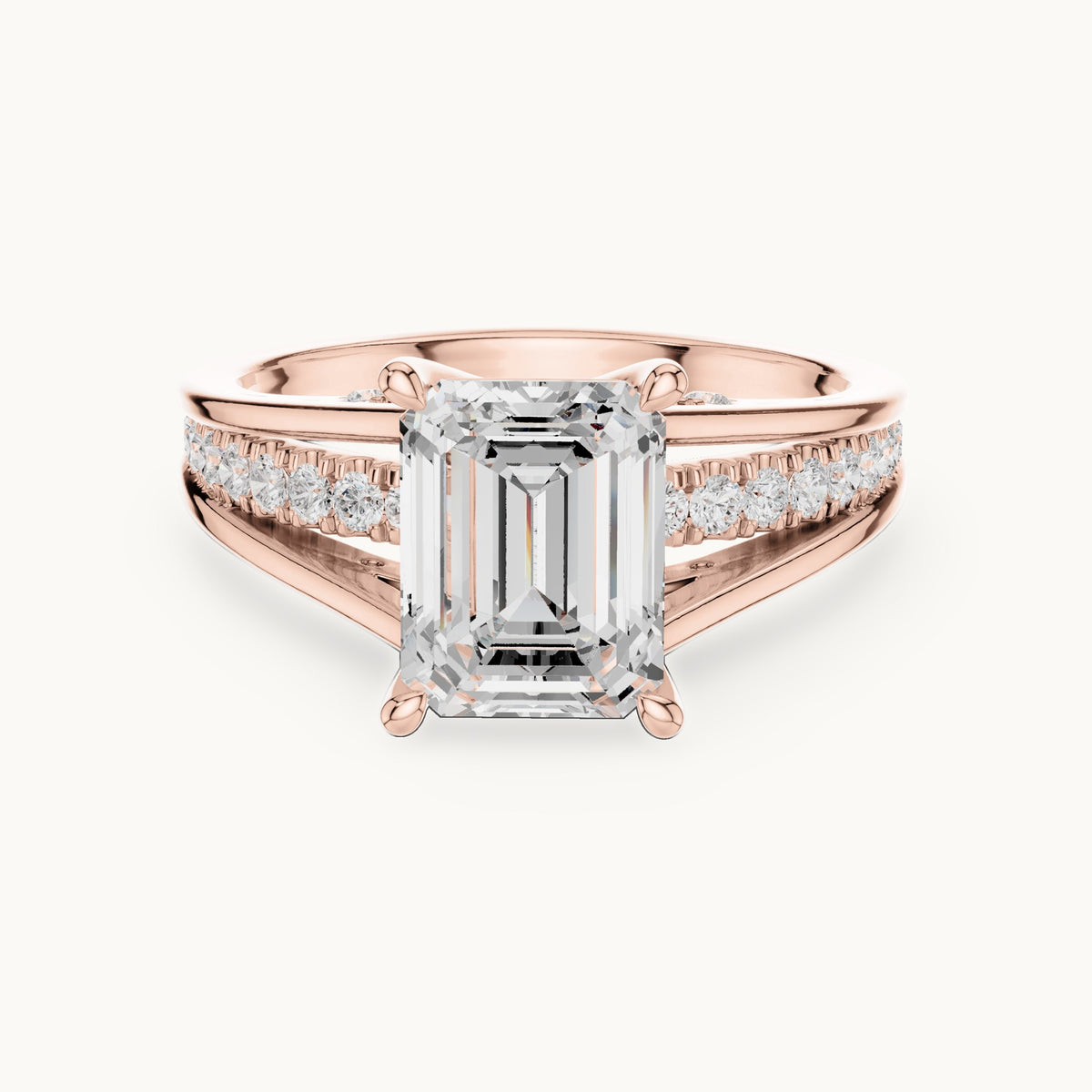 Emerald-cut and round lab-grown diamond split shank channel-set engagement ring in rose gold, 2.334 CT TW, view 4