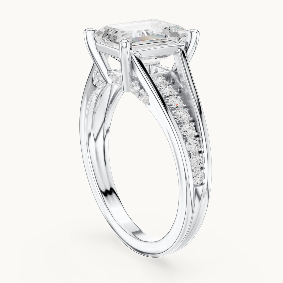 Emerald-cut and round lab-grown diamond split shank channel-set engagement ring in white gold, 2.334 CT TW, view 1