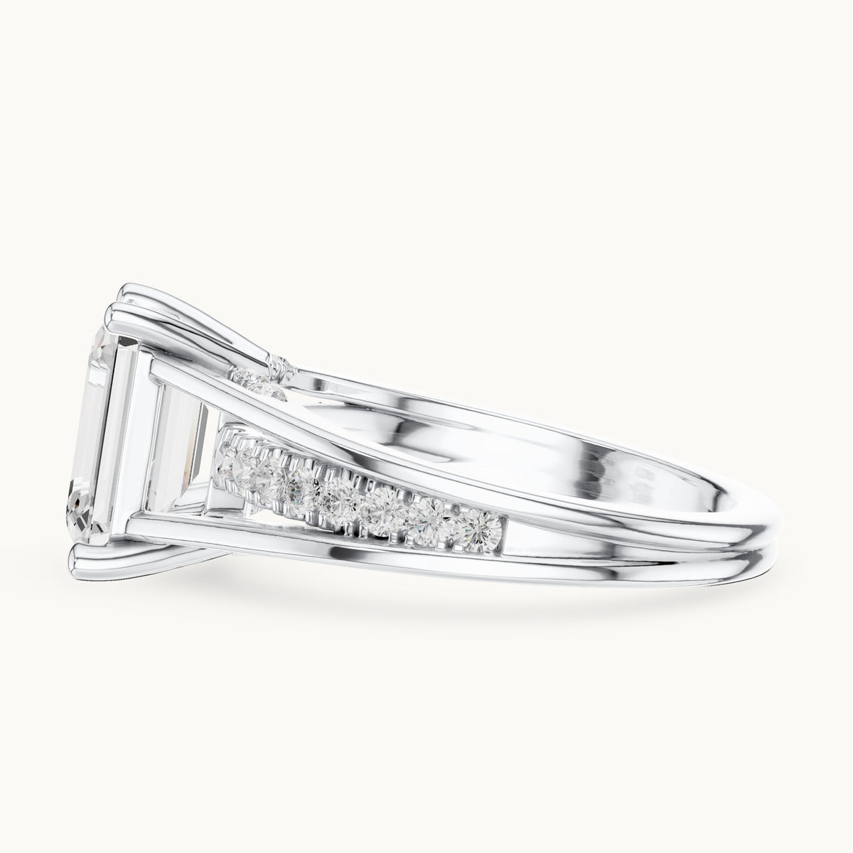 Emerald-cut and round lab-grown diamond split shank channel-set engagement ring in white gold, 2.334 CT TW, view 3