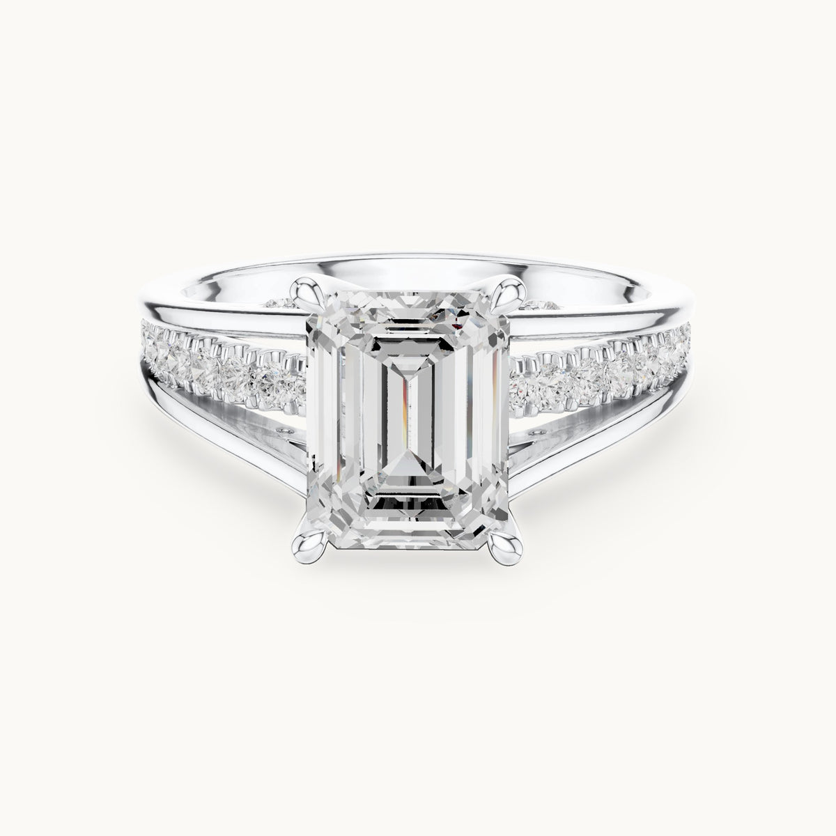 Emerald-cut and round lab-grown diamond split shank channel-set engagement ring in white gold, 2.334 CT TW, view 4