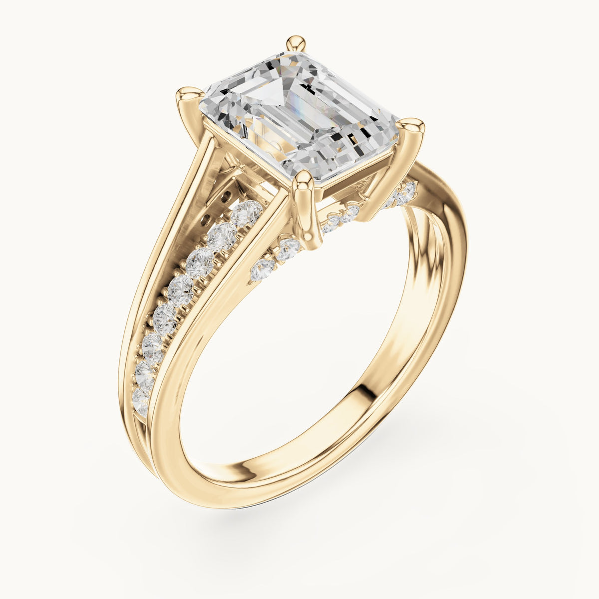 Emerald-cut and round lab-grown diamond split shank channel-set engagement ring in yellow gold, 2.334 CT TW, view 2