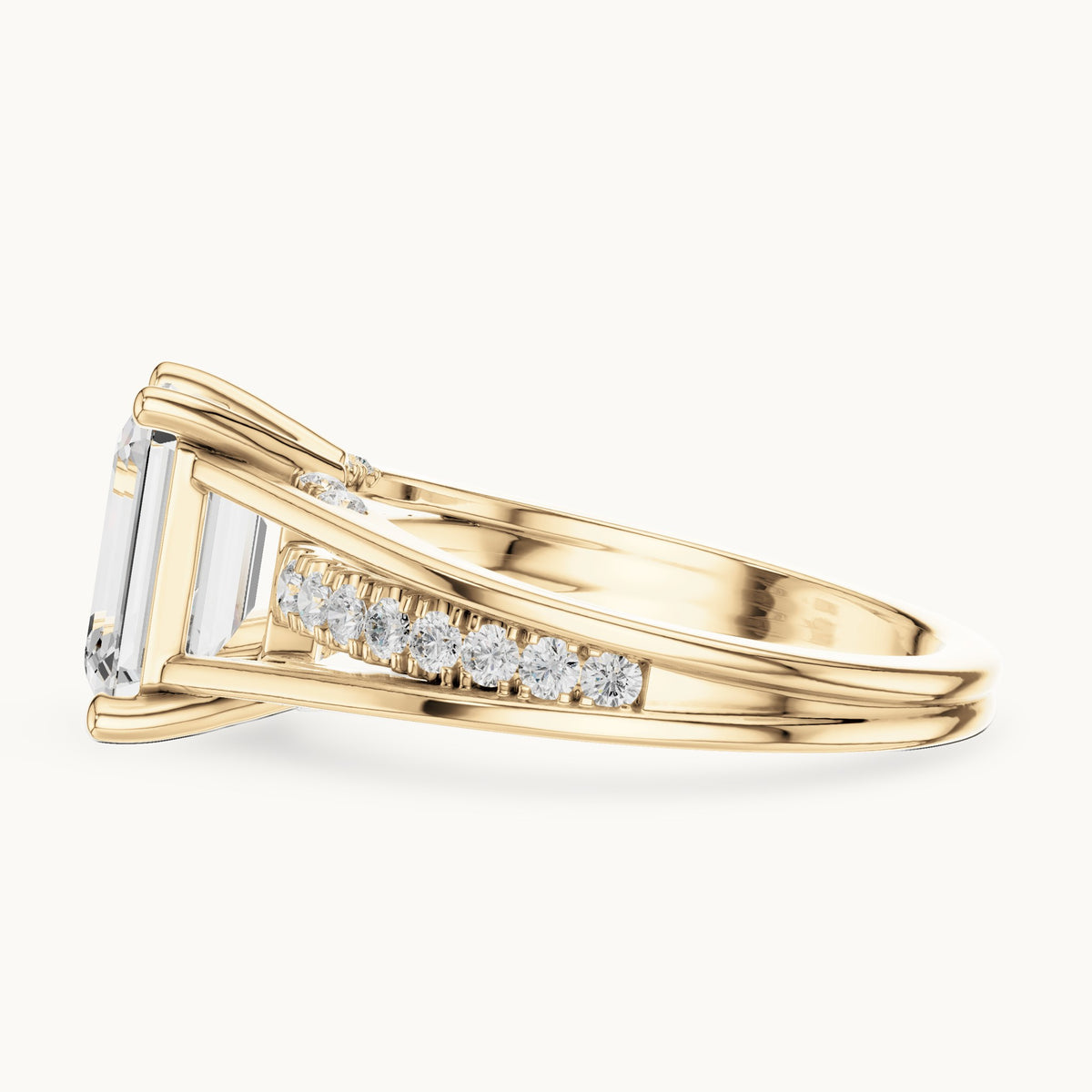Emerald-cut and round lab-grown diamond split shank channel-set engagement ring in yellow gold, 2.334 CT TW, view 3