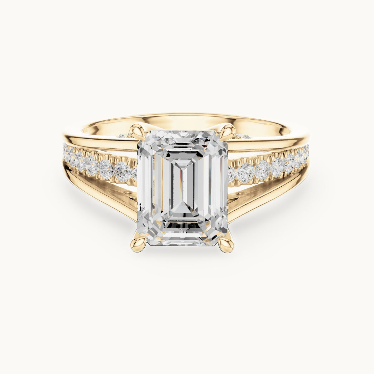 Emerald-cut and round lab-grown diamond split shank channel-set engagement ring in yellow gold, 2.334 CT TW, view 4