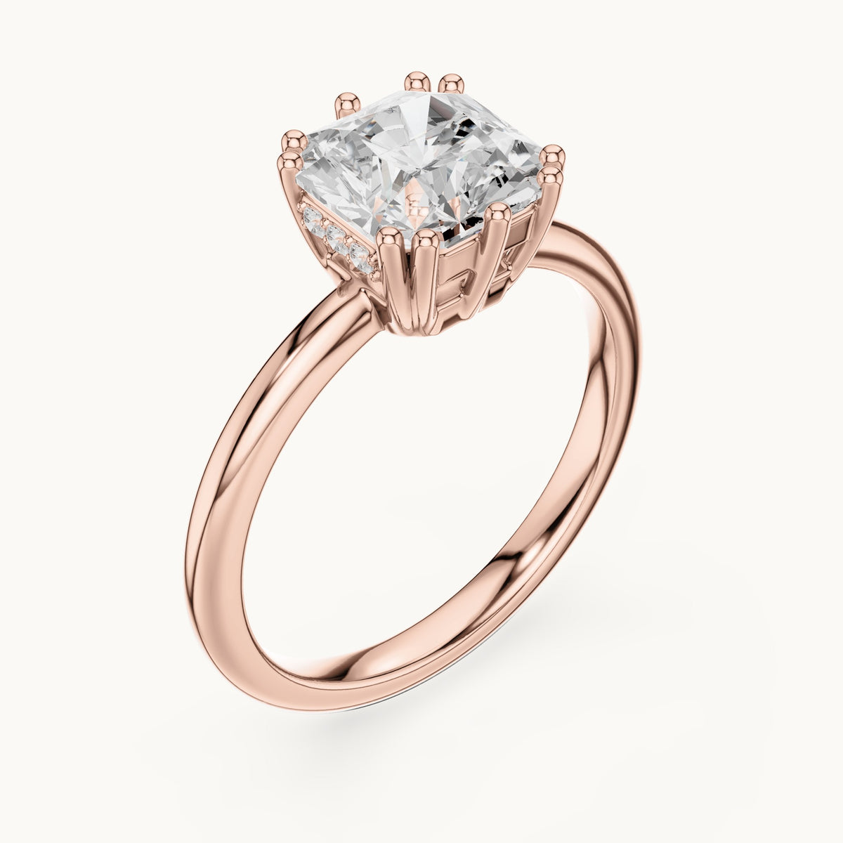 Radiant-cut and round lab-grown diamond solitaire engagement ring with hidden accents in rose gold, 2.036 CT TW, view 2