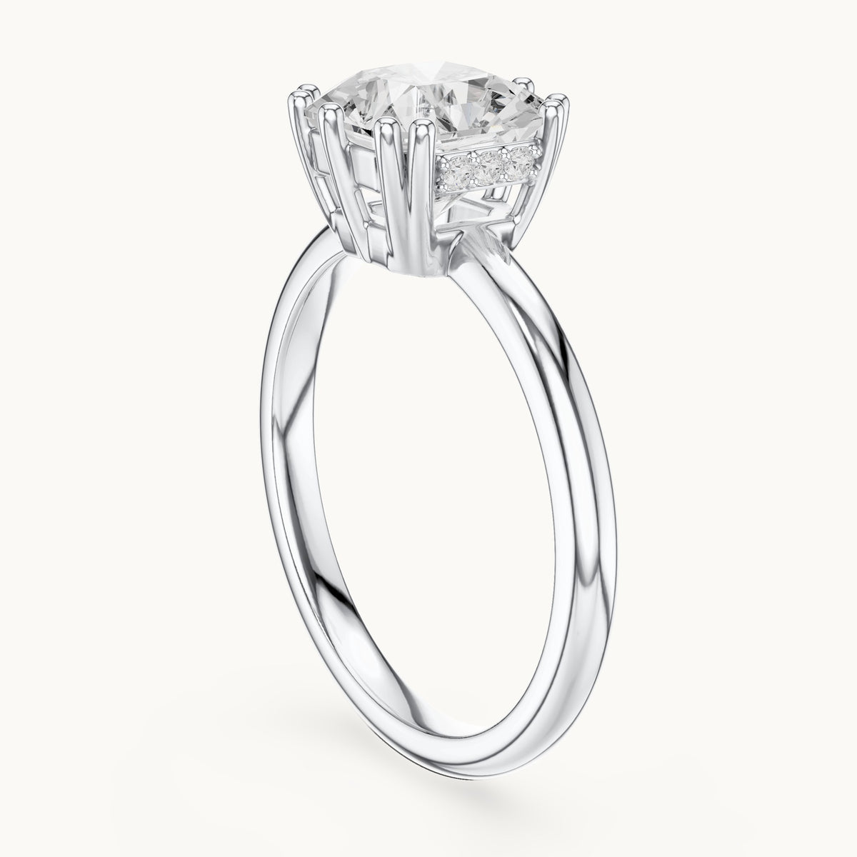 Radiant-cut and round lab-grown diamond solitaire engagement ring with hidden accents in white gold, 2.036 CT TW, view 1