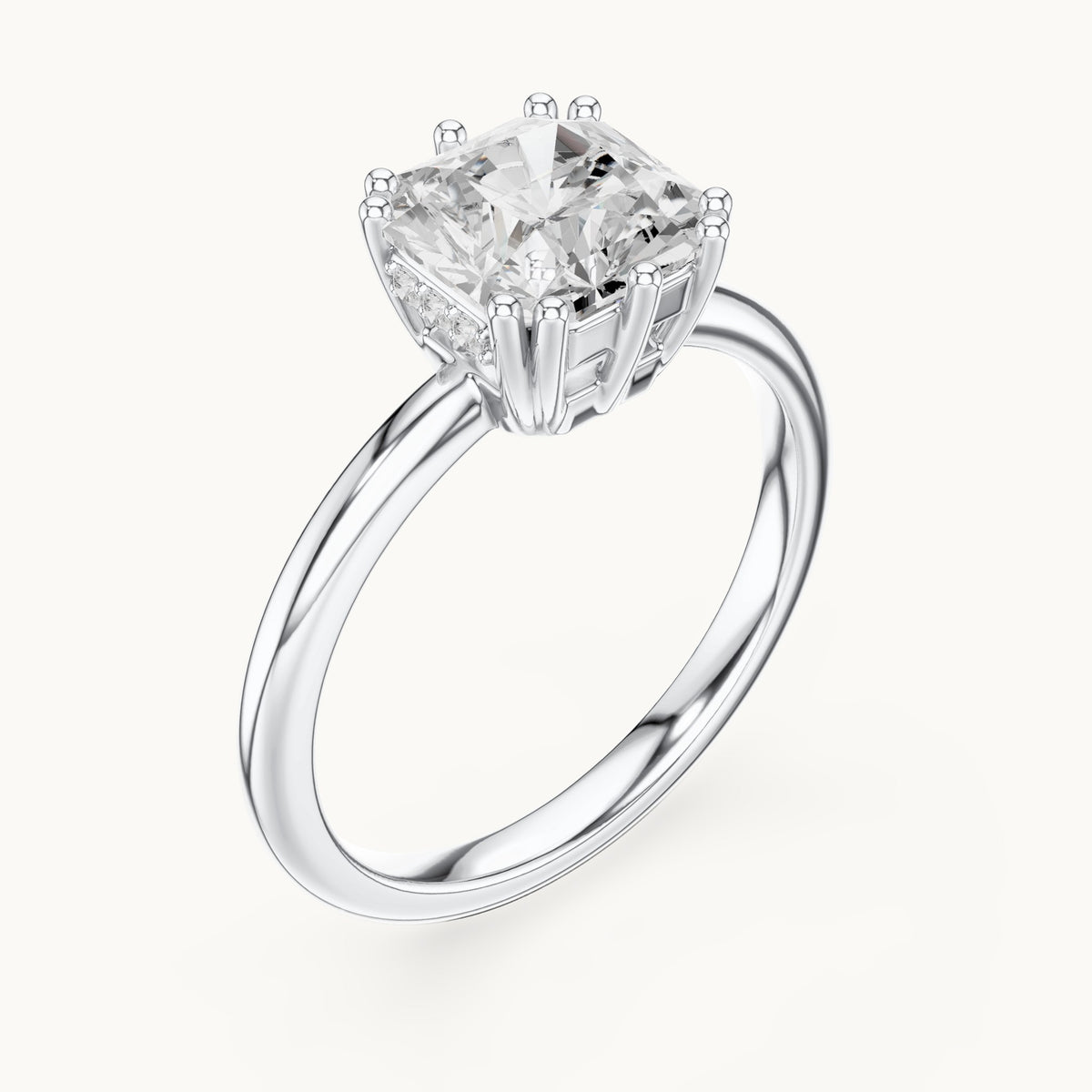 Radiant-cut and round lab-grown diamond solitaire engagement ring with hidden accents in white gold, 2.036 CT TW, view 2