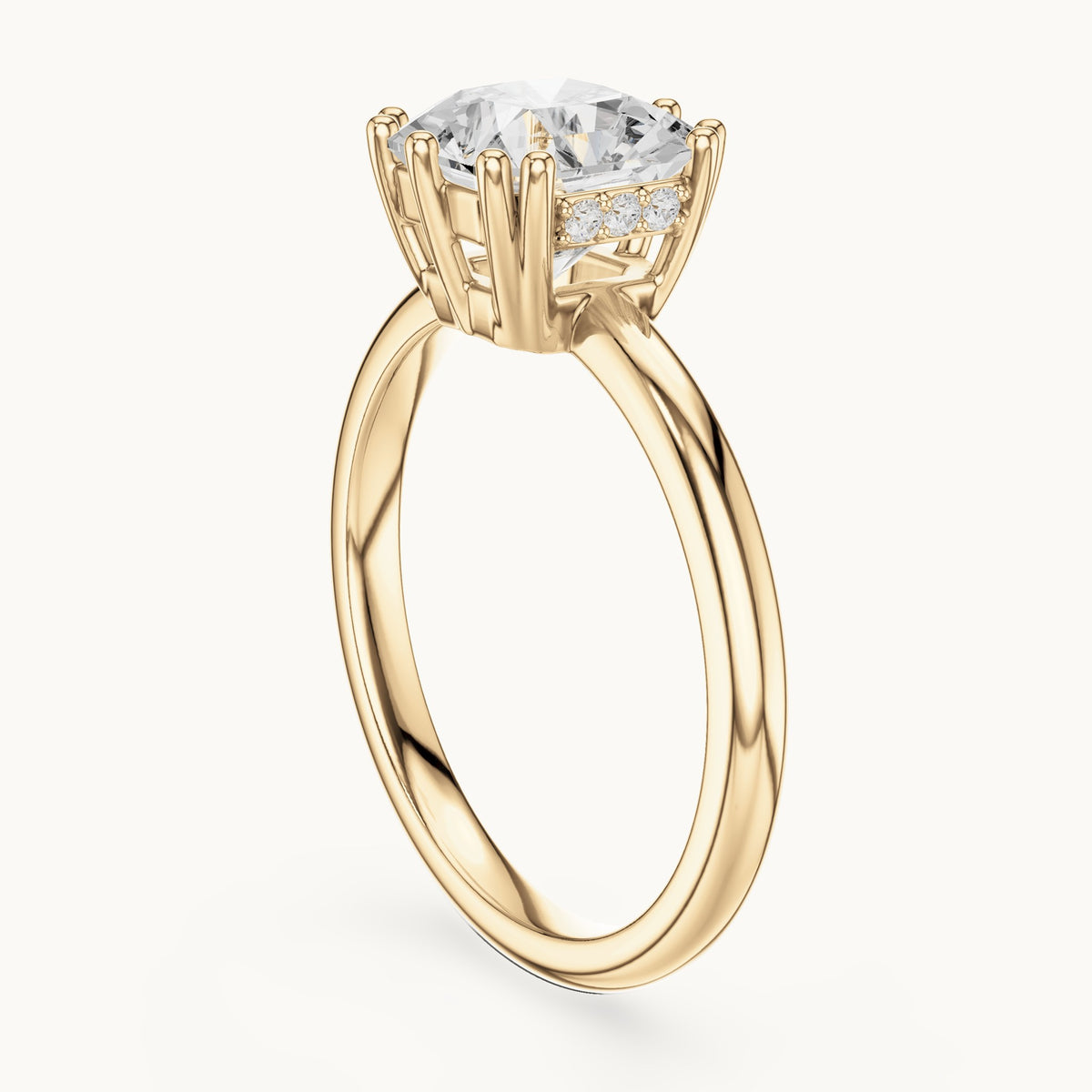 Radiant-cut and round lab-grown diamond solitaire engagement ring with hidden accents in yellow gold, 2.036 CT TW, view 1
