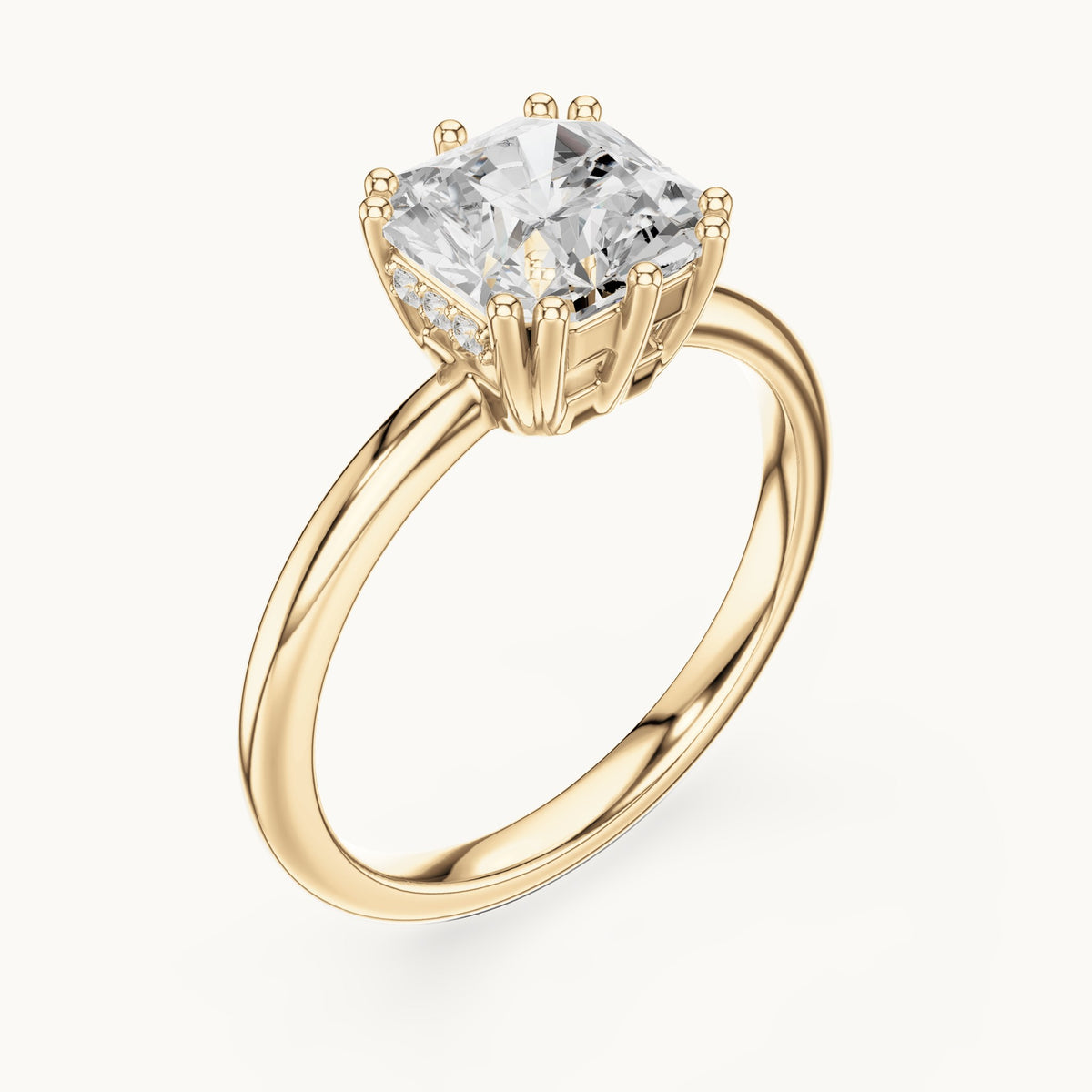 Radiant-cut and round lab-grown diamond solitaire engagement ring with hidden accents in yellow gold, 2.036 CT TW, view 2