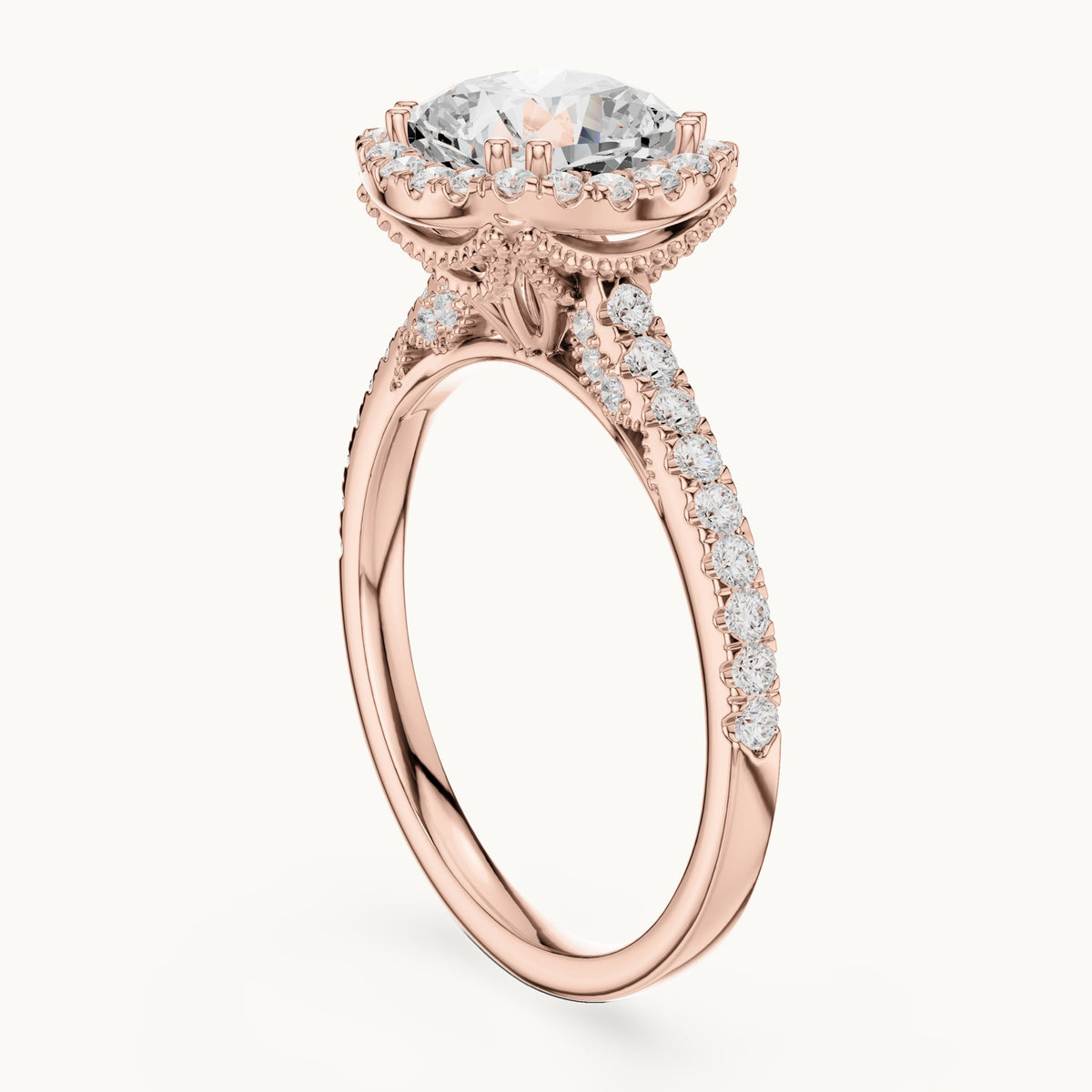 Cushion-cut and round lab-grown diamond halo engagement ring with pavé band in rose gold, 2.476 CT TW, view 1
