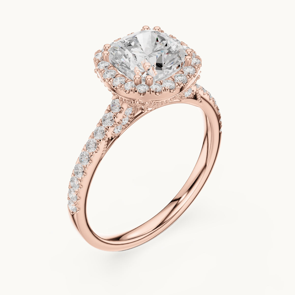 Cushion-cut and round lab-grown diamond halo engagement ring with pavé band in rose gold, 2.476 CT TW, view 2