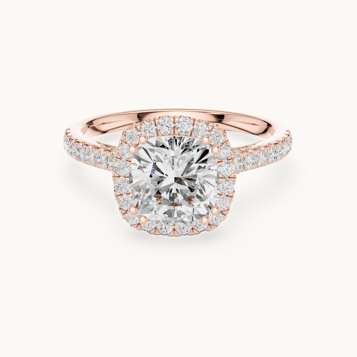 Cushion-cut and round lab-grown diamond halo engagement ring with pavé band in rose gold, 2.476 CT TW, view 4