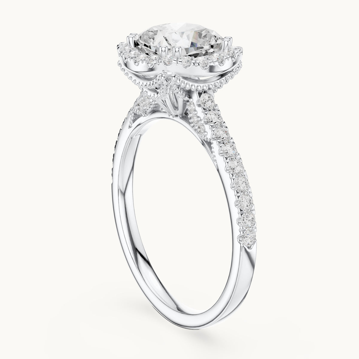 Cushion-cut and round lab-grown diamond halo engagement ring with pavé band in white gold, 2.476 CT TW, view 1