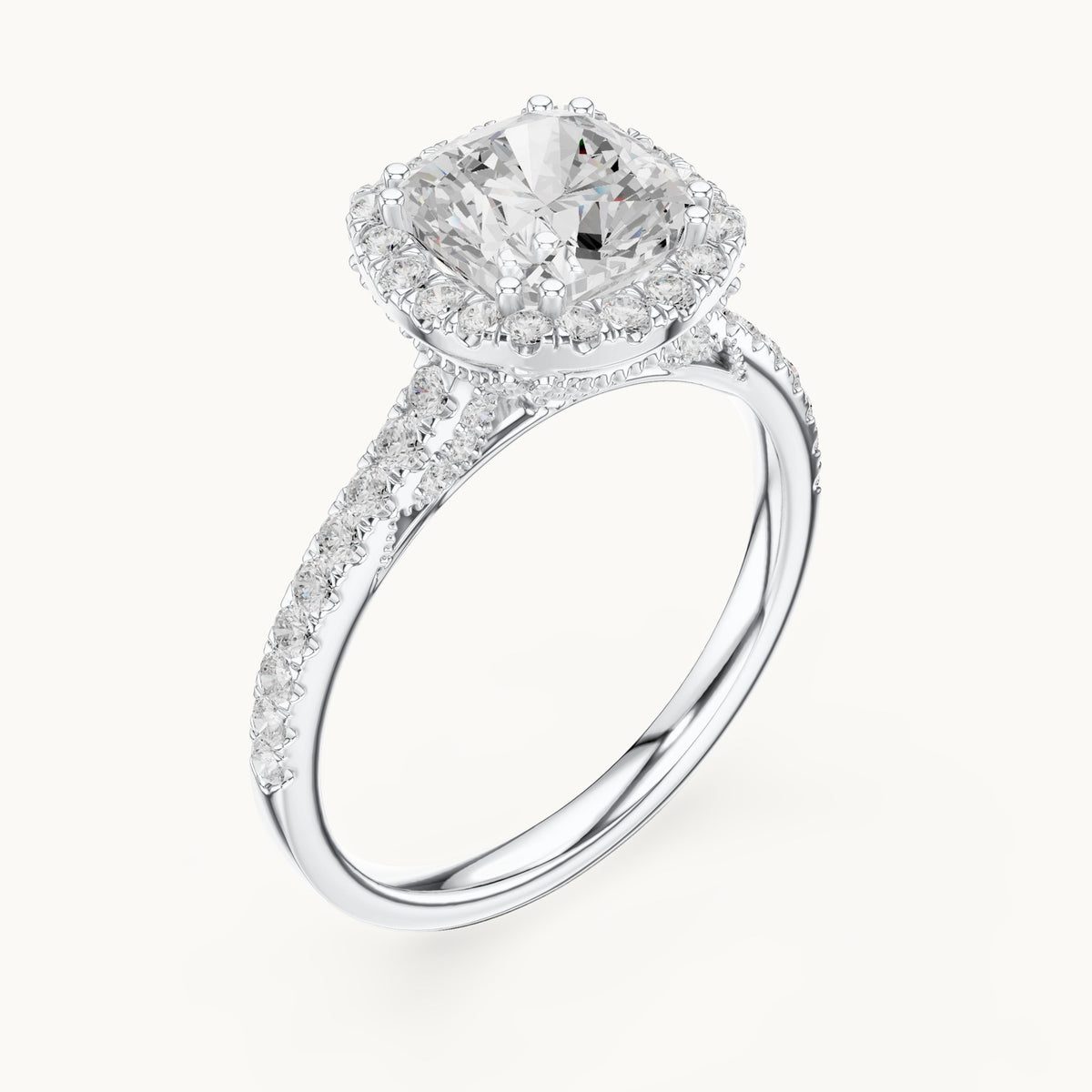 Cushion-cut and round lab-grown diamond halo engagement ring with pavé band in white gold, 2.476 CT TW, view 2