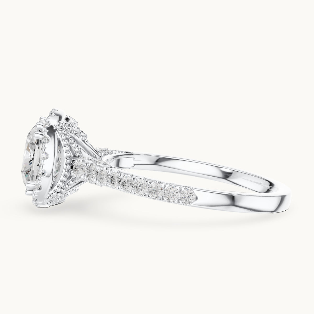Cushion-cut and round lab-grown diamond halo engagement ring with pavé band in white gold, 2.476 CT TW, view 3