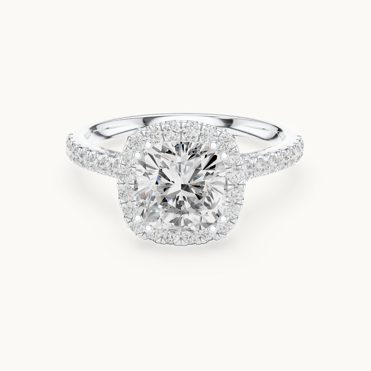 Cushion-cut and round lab-grown diamond halo engagement ring with pavé band in white gold, 2.476 CT TW, view 4