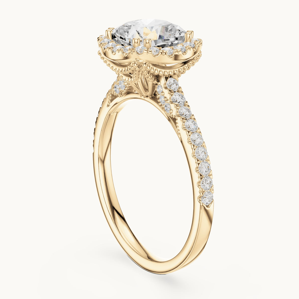 Cushion-cut and round lab-grown diamond halo engagement ring with pavé band in yellow gold, 2.476 CT TW, view 1