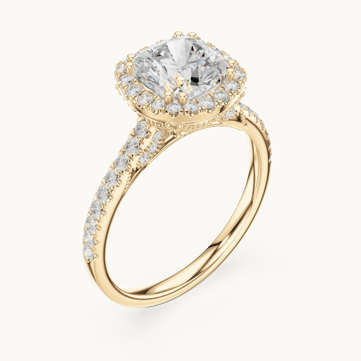 Cushion-cut and round lab-grown diamond halo engagement ring with pavé band in yellow gold, 2.476 CT TW, view 2