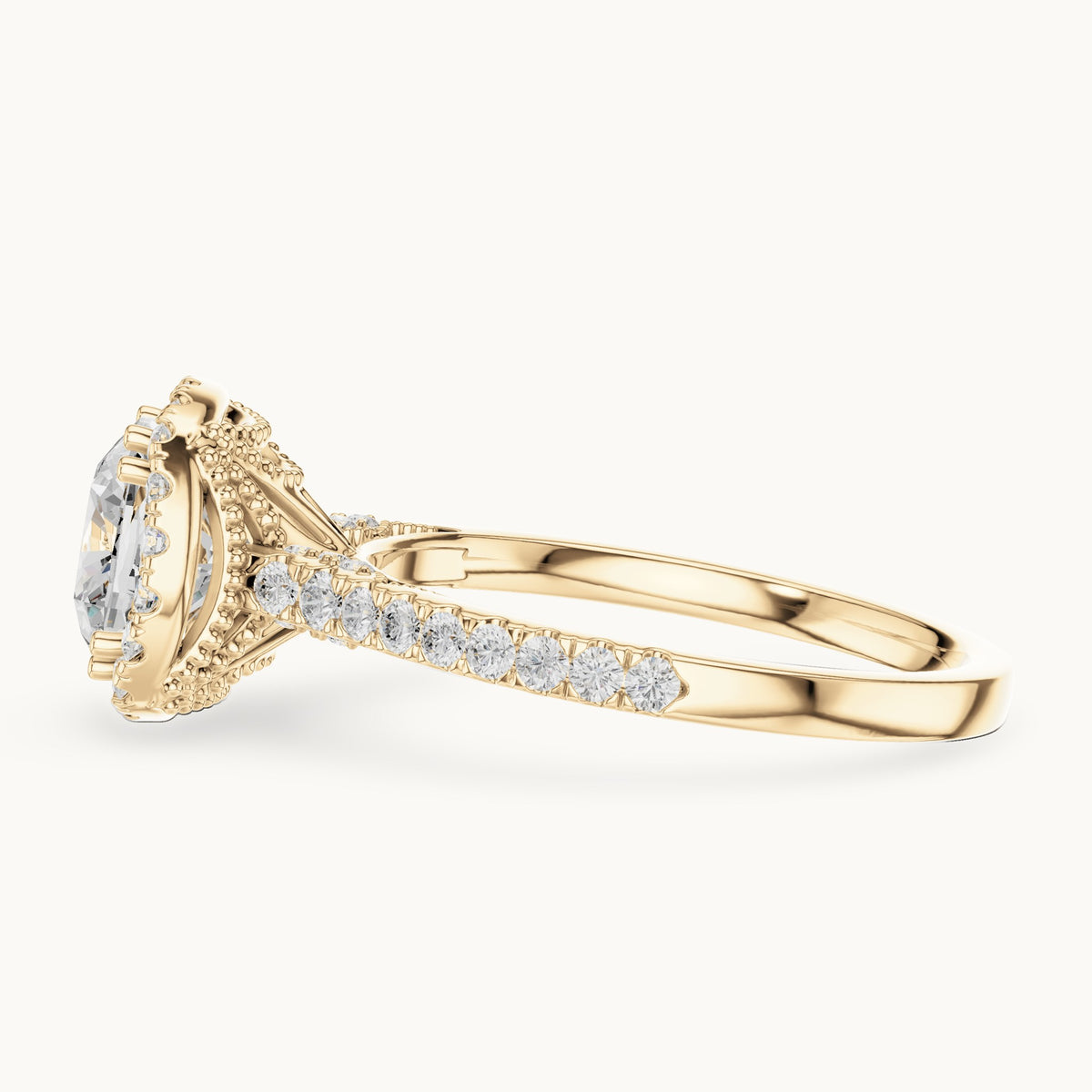 Cushion-cut and round lab-grown diamond halo engagement ring with pavé band in yellow gold, 2.476 CT TW, view 3