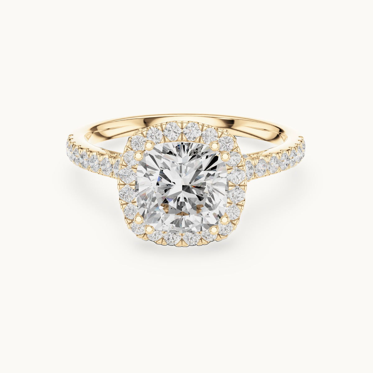 Cushion-cut and round lab-grown diamond halo engagement ring with pavé band in yellow gold, 2.476 CT TW, view 4