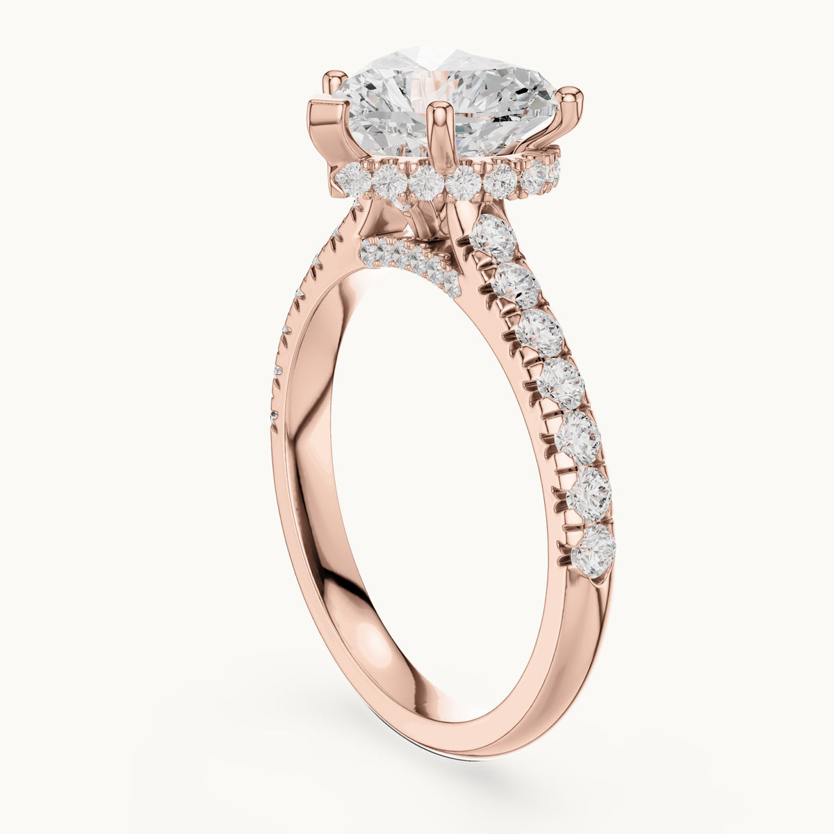Heart and round lab-grown diamond pavé solitaire engagement ring in rose gold, 3.134 CT TW, view 1