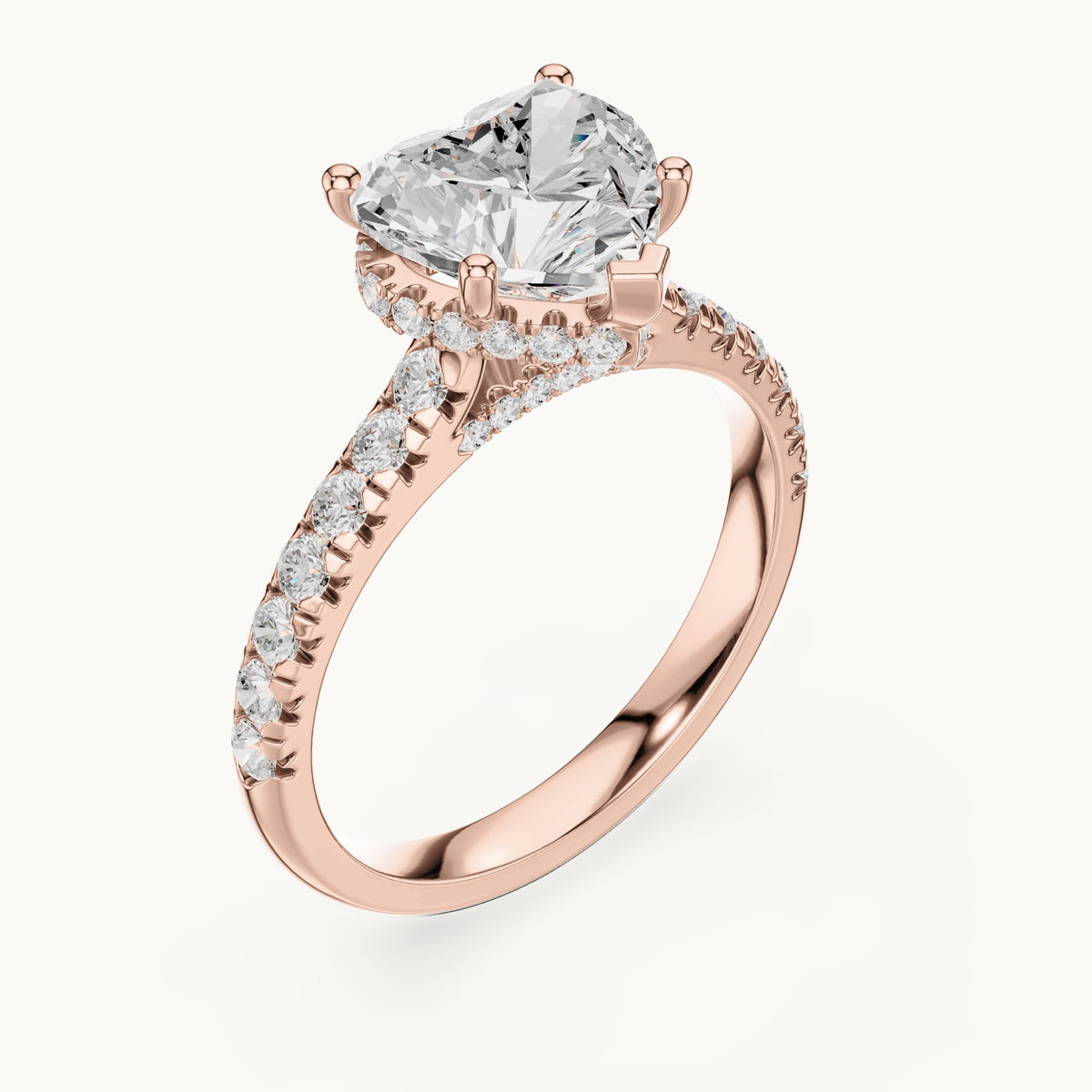 Heart and round lab-grown diamond pavé solitaire engagement ring in rose gold, 3.134 CT TW, view 2