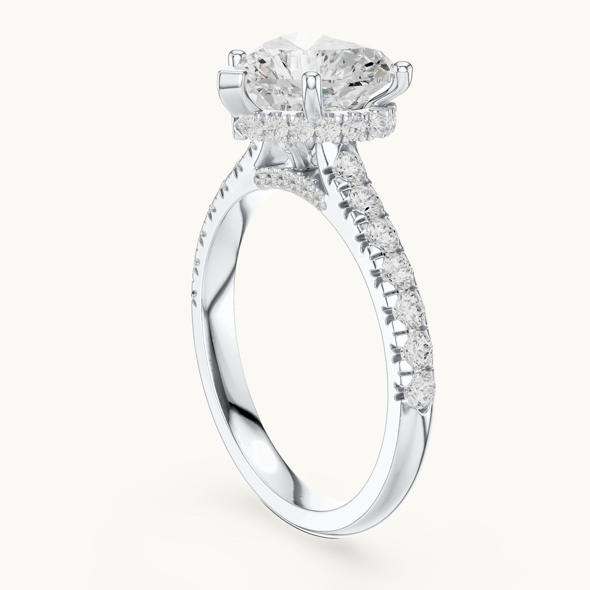 Heart and round lab-grown diamond pavé solitaire engagement ring in white gold, 3.134 CT TW, view 1
